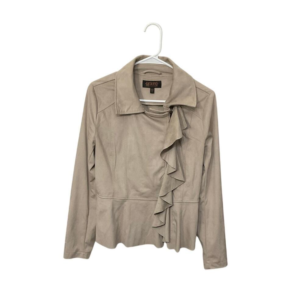 Shyanne Women's Ruffle Faux Suede Moto Jacket Front Zip Size Small Stretch - Picture 1 of 6